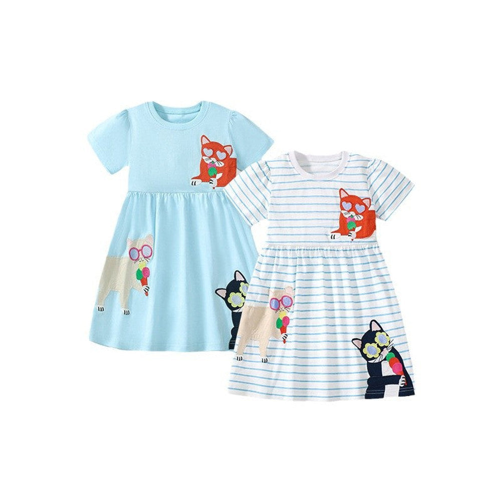 MyKids-USA® Pure Cotton Animals Cartoon Pattern Short Sleeves Striped Dress for Stylish Girls