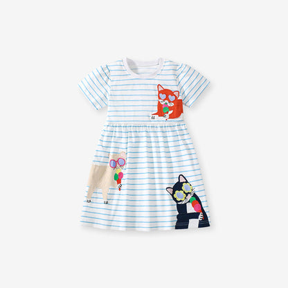 MyKids-USA® Pure Cotton Animals Cartoon Pattern Short Sleeves Striped Dress for Stylish Girls