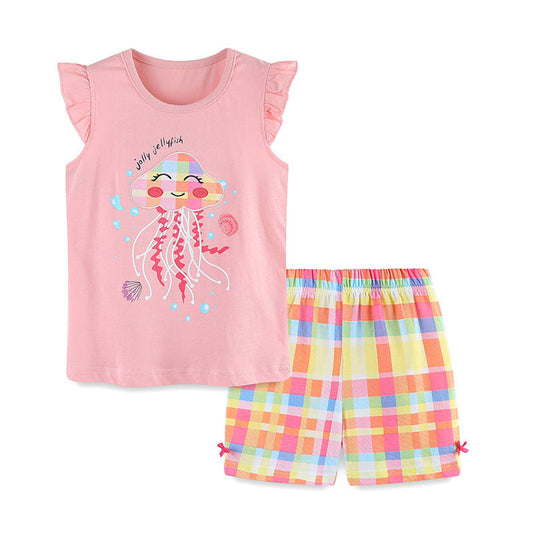 MyKids-USA® Baby Kids Cartoon Jellyfish Pattern Vest and Plaid Shorts Clothing Set for Girls