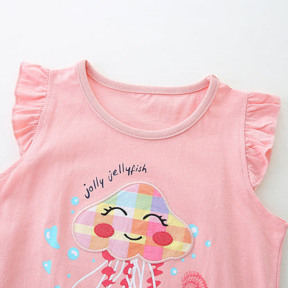 MyKids-USA® Baby Kids Cartoon Jellyfish Pattern Vest and Plaid Shorts Clothing Set for Girls