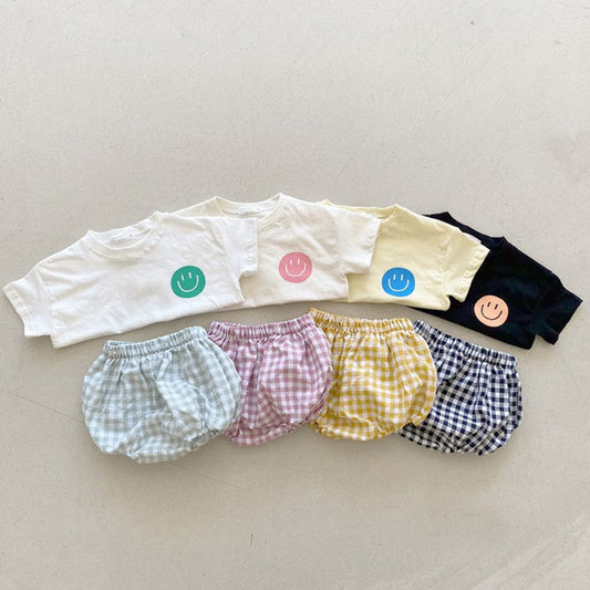 MyKids-USA® Baby Kids Smiling Face Pattern T-shirt and Plaid Bloomers Clothing Set