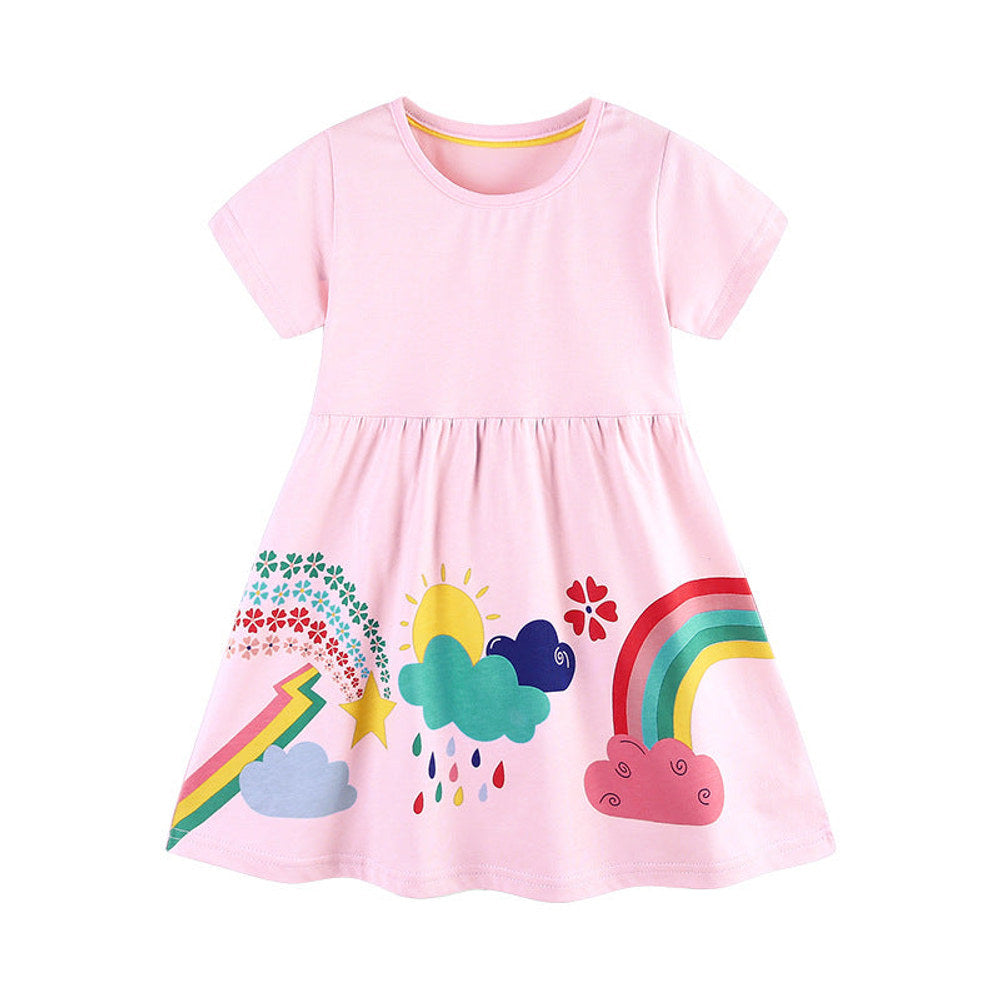 MyKids-USA® Pure Cotton Colorful Rainbow Pattern Short Sleeves Pink Dress for Stylish Girls