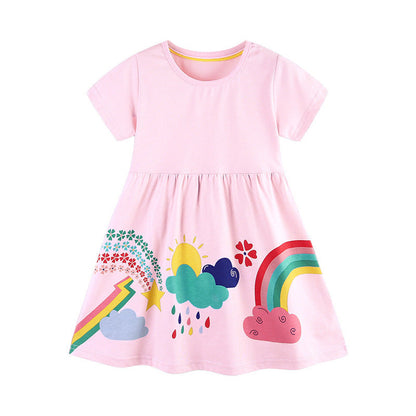 MyKids-USA® Pure Cotton Colorful Rainbow Pattern Short Sleeves Pink Dress for Stylish Girls