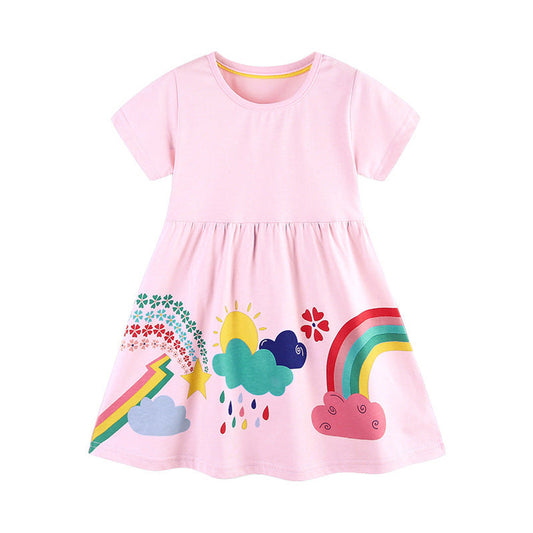 MyKids-USA® Summer Pure Cotton Colorful Rainbow Pattern Short Sleeves Pink Dress for Stylish Girls