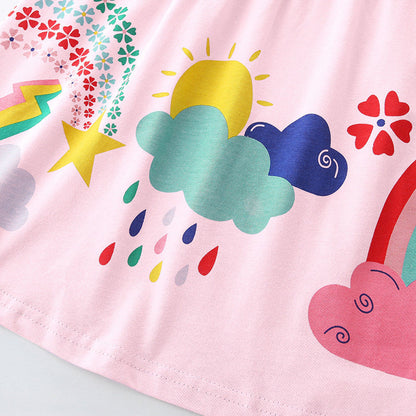 MyKids-USA® Pure Cotton Colorful Rainbow Pattern Short Sleeves Pink Dress for Stylish Girls