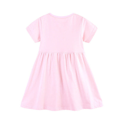 MyKids-USA® Pure Cotton Colorful Rainbow Pattern Short Sleeves Pink Dress for Stylish Girls