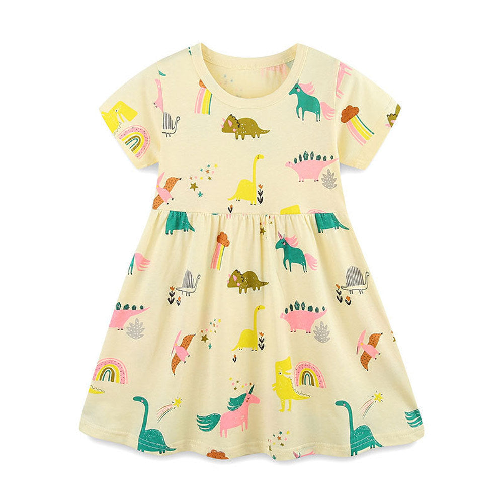 MyKids-USA® Pure Cotton Colorful Rainbow and Dinosaur Pattern Short Sleeves Yellow Dress for Stylish Girls