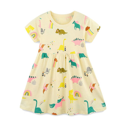 MyKids-USA® Pure Cotton Colorful Rainbow and Dinosaur Pattern Short Sleeves Yellow Dress for Stylish Girls