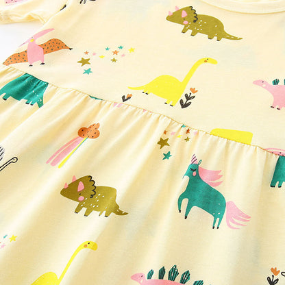 MyKids-USA® Pure Cotton Colorful Rainbow and Dinosaur Pattern Short Sleeves Yellow Dress for Stylish Girls