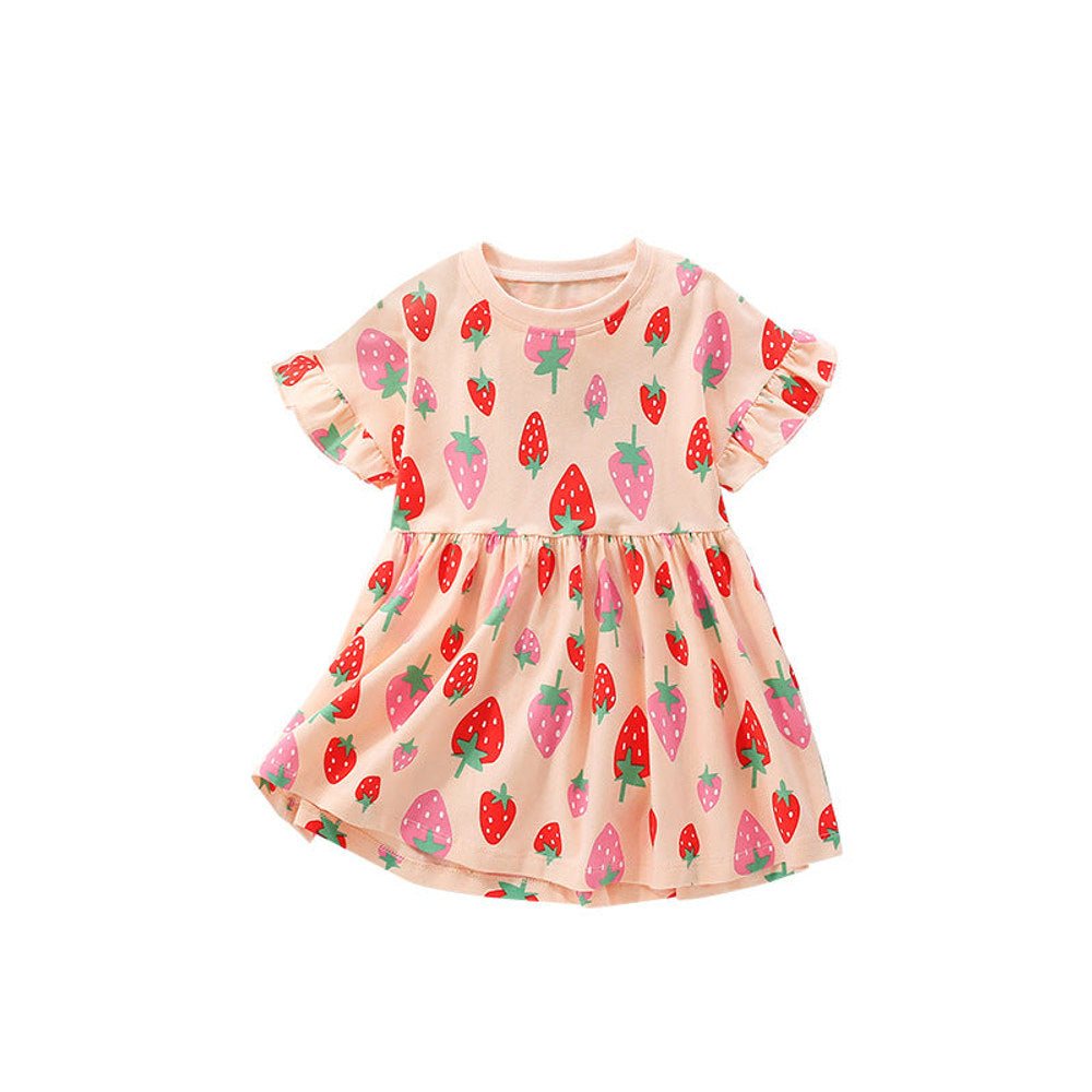 MyKids-USA® Strawberry Fruits Pattern Short Sleeves Dress for Stylish Girls