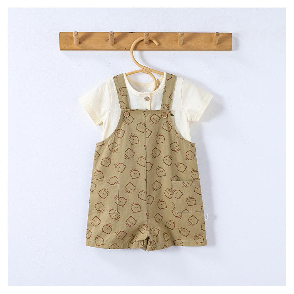 MyKids-USA® Baby Kids Unisex Fruits Embroidered Pattern Short Sleeves T-shirt and Teddy Pattern Rompers Overalls Clothing Set