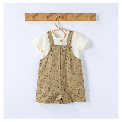 MyKids-USA® Baby Kids Unisex Fruits Embroidered Pattern Short Sleeves T-shirt and Teddy Pattern Rompers Overalls Clothing Set