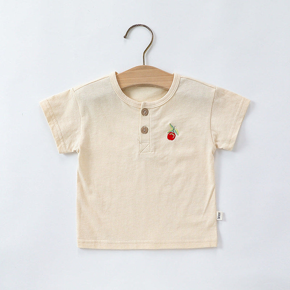 MyKids-USA® Baby Kids Unisex Fruits Embroidered Pattern Short Sleeves T-shirt and Teddy Pattern Rompers Overalls Clothing Set
