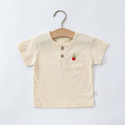 MyKids-USA® Baby Kids Unisex Fruits Embroidered Pattern Short Sleeves T-shirt and Teddy Pattern Rompers Overalls Clothing Set