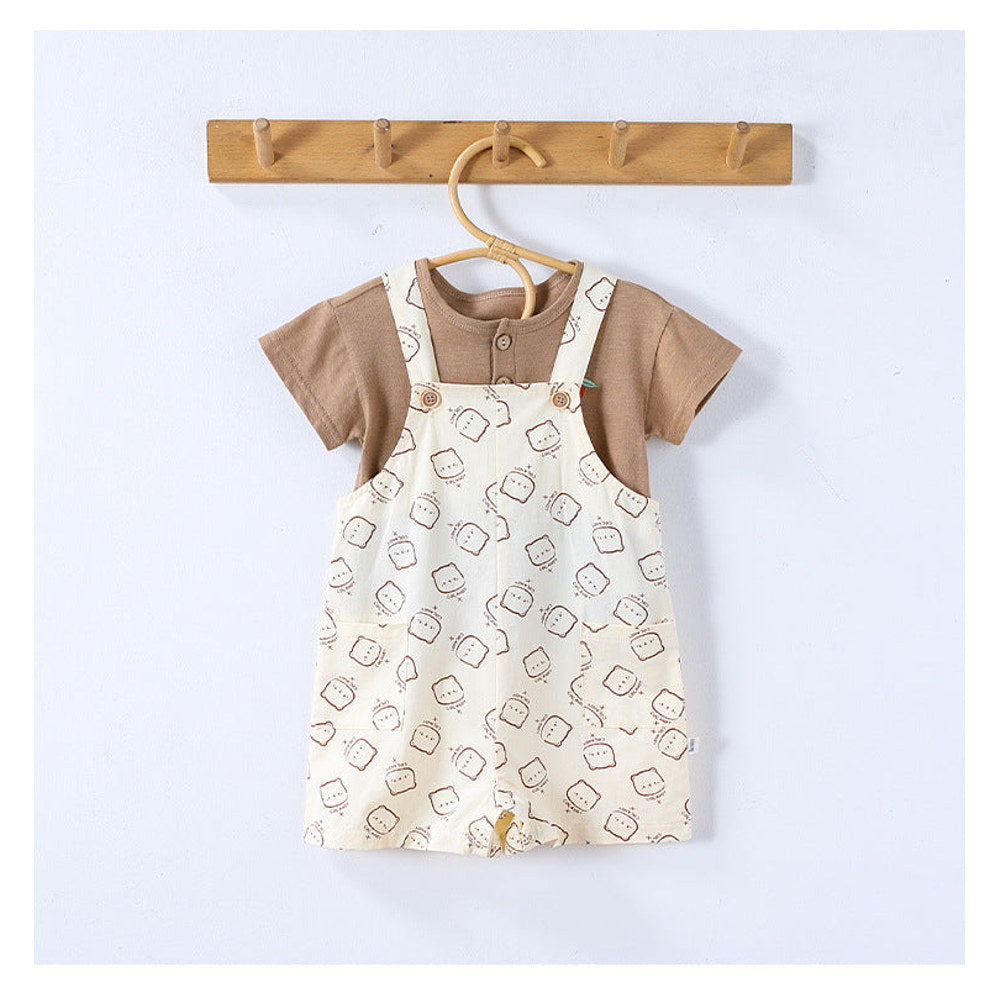 MyKids-USA® Baby Kids Unisex Fruits Embroidered Pattern Short Sleeves T-shirt and Teddy Pattern Rompers Overalls Clothing Set