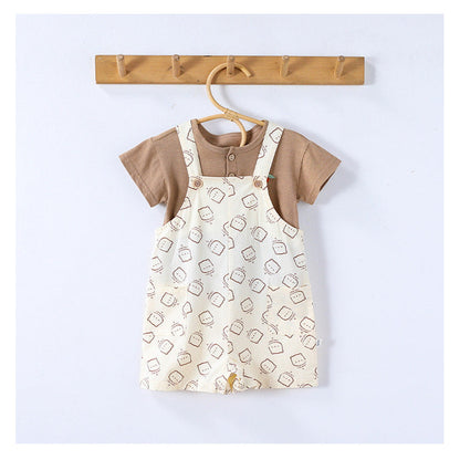 MyKids-USA® Baby Kids Unisex Fruits Embroidered Pattern Short Sleeves T-shirt and Teddy Pattern Rompers Overalls Clothing Set