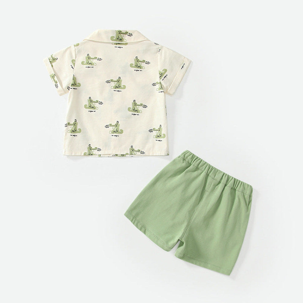 MyKids-USA® Baby Kids Casual Cartoon Animals Pattern Short Sleeves Top Shirt with Green Shorts Clothing Set for Boys