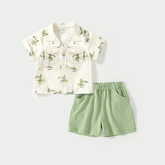 MyKids-USA® Baby Kids Casual Cartoon Animals Pattern Short Sleeves Top Shirt with Green Shorts Clothing Set for Boys
