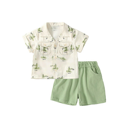 MyKids-USA® Baby Kids Casual Cartoon Animals Pattern Short Sleeves Top Shirt with Green Shorts Clothing Set for Boys