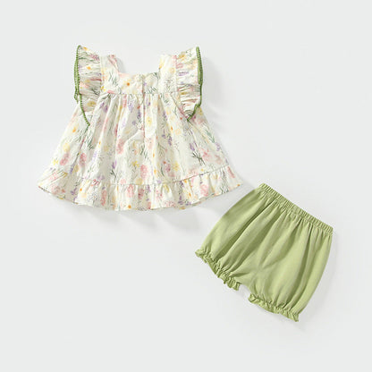 MyKids-USA® Baby Kids Floral Pattern Fly Sleeves Top Dress and Green Shorts Clothing Set for Girls