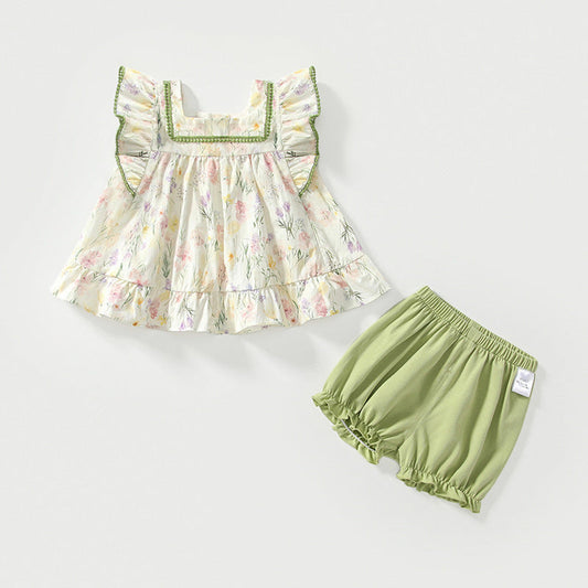 MyKids-USA® Baby Kids Floral Pattern Fly Sleeves Top Dress and Green Shorts Clothing Set for Girls