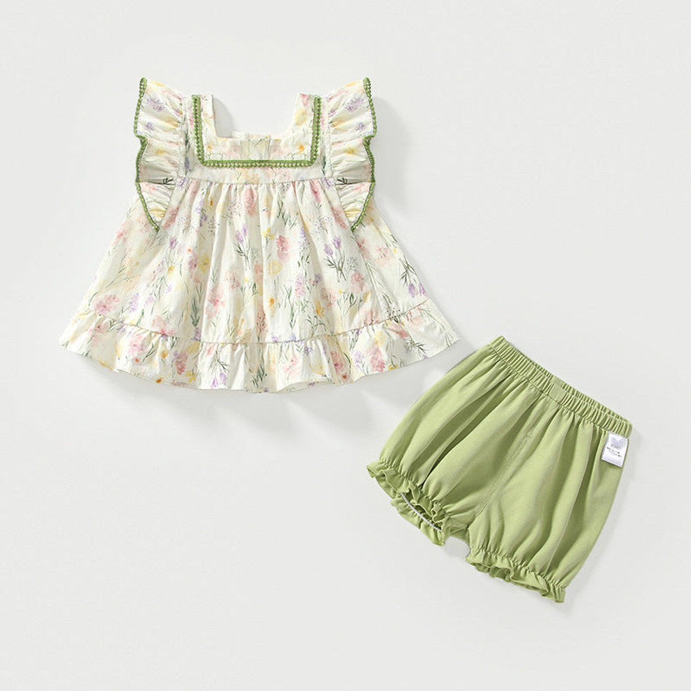 MyKids-USA® Baby Kids Floral Pattern Fly Sleeves Top Dress and Green Shorts Clothing Set for Girls