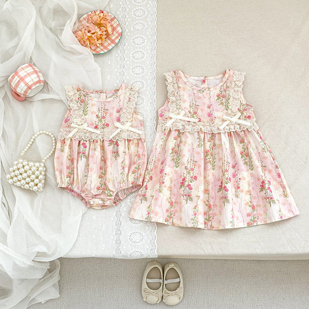 MyKids-USA® Girls Cute Flowers Pattern Sleeveless bodysuit or Dress – Princess Sister Matching