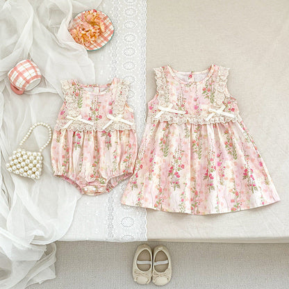 MyKids-USA® Girls Cute Flowers Pattern Sleeveless bodysuit or Dress – Princess Sister Matching