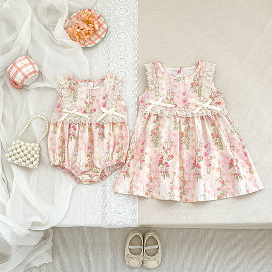 MyKids-USA® Summer Arrival Girls Cute Flowers Pattern Sleeveless bodysuit and Dress – Princess Sister Matching Set
