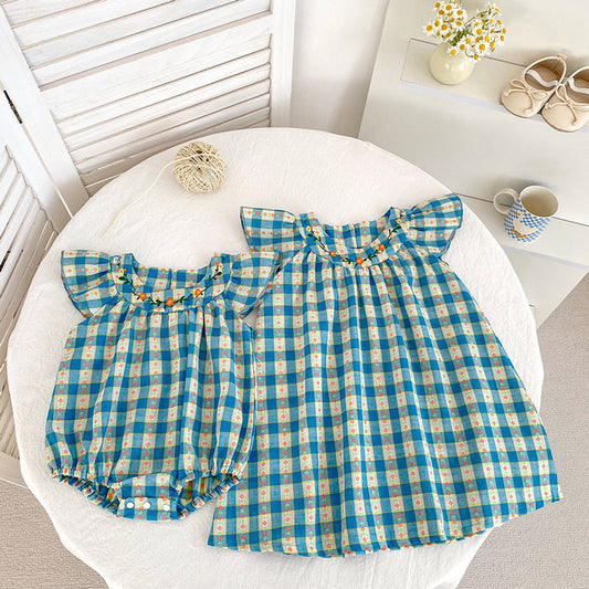 MyKids-USA® Baby Girls French-style Flowers Pattern Fly-sleeved Plaid bodysuit and Dress – Princess Sister Matching Set