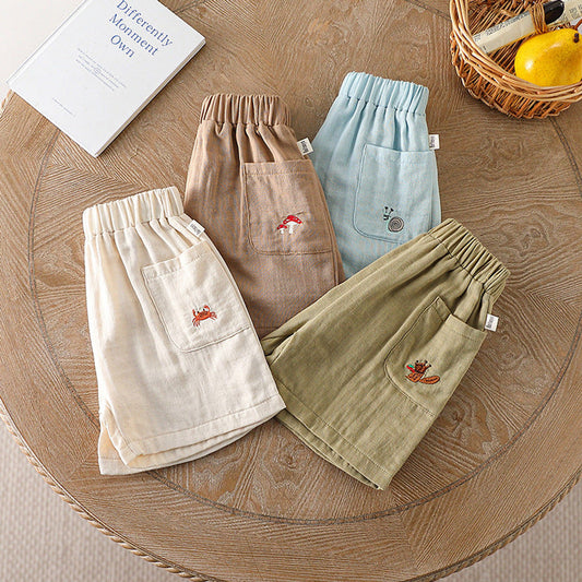 MyKids-USA® Kids Unisex Cotton Casual Style Animals Embroidered Pattern Pocketed Shorts