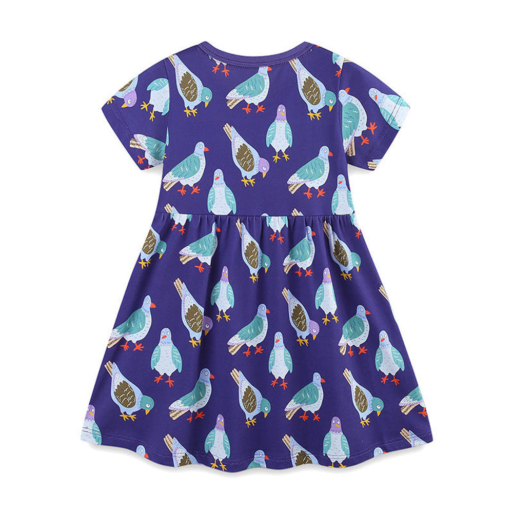 MyKids-USA® Pure Cotton Animals Birds Pattern Short Sleeves Dress for Stylish Girls