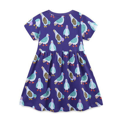 MyKids-USA® Pure Cotton Animals Birds Pattern Short Sleeves Dress for Stylish Girls