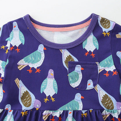 MyKids-USA® Pure Cotton Animals Birds Pattern Short Sleeves Dress for Stylish Girls