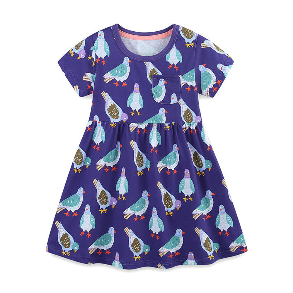 MyKids-USA® Pure Cotton Animals Birds Pattern Short Sleeves Dress for Stylish Girls