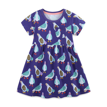 MyKids-USA® Pure Cotton Animals Birds Pattern Short Sleeves Dress for Stylish Girls