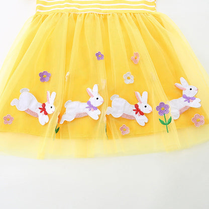 MyKids-USA® Baby Girls Cute Rabbits Pattern Tulle Patchwork Short Sleeves Dress