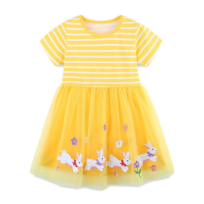 MyKids-USA® Baby Girls Cute Rabbits Pattern Tulle Patchwork Short Sleeves Dress
