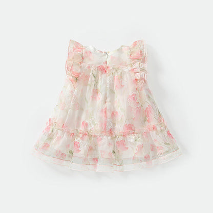 MyKids-USA® Baby Girls Cute Floral Printed Pattern Fly Sleeves Tulle Dress with Hat
