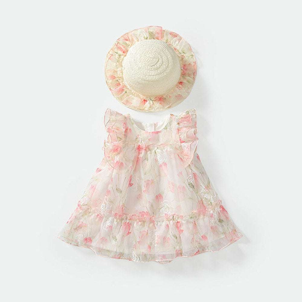 MyKids-USA® Baby Girls Cute Floral Printed Pattern Fly Sleeves Tulle Dress with Hat