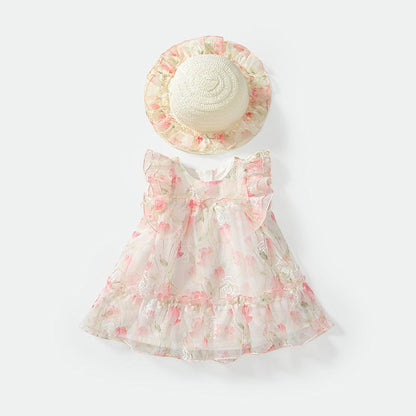 MyKids-USA® Baby Girls Cute Floral Printed Pattern Fly Sleeves Tulle Dress with Hat