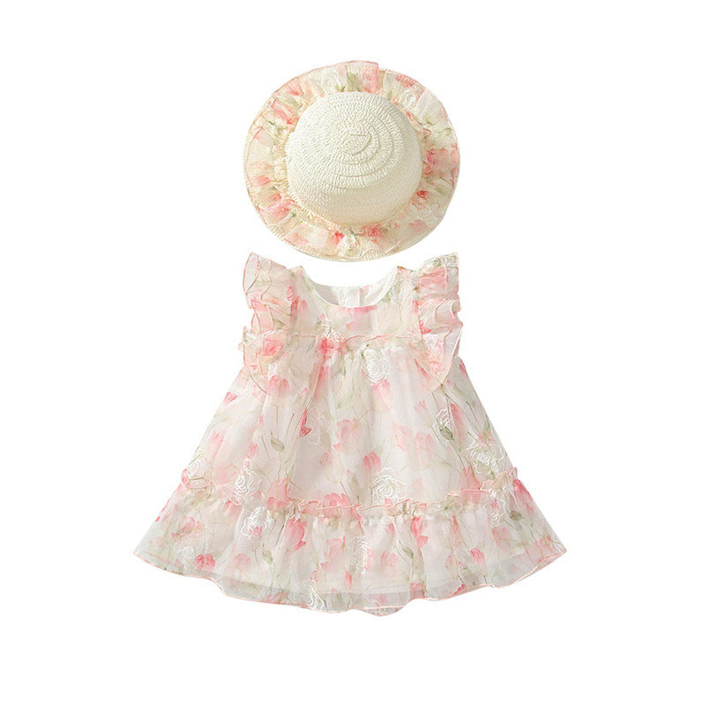 MyKids-USA® Baby Girls Cute Floral Printed Pattern Fly Sleeves Tulle Dress with Hat