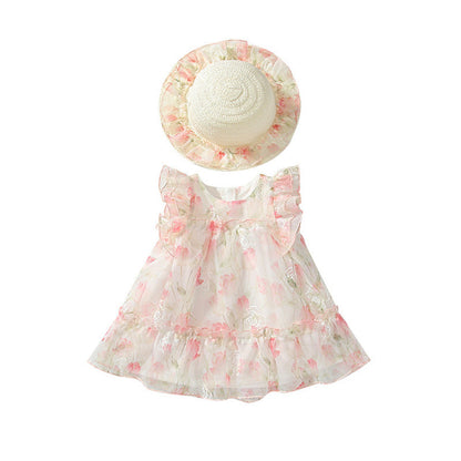 MyKids-USA® Baby Girls Cute Floral Printed Pattern Fly Sleeves Tulle Dress with Hat
