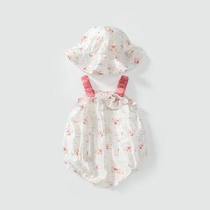 MyKids-USA® Sleeveless Flowers and Animals Pattern Strap bodysuit with Hat for Stylish Girls