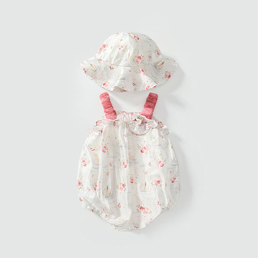 MyKids-USA® Sleeveless Flowers and Animals Pattern Strap bodysuit with Hat for Stylish Girls