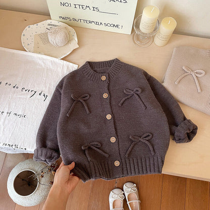 MyKids-USA® Baby Kids Girls Comfortable Butterfly-bows Decorated Knitted Long Sleeves Cardigan