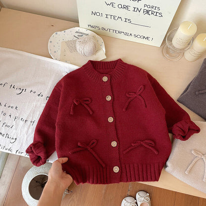 MyKids-USA® Baby Kids Girls Comfortable Butterfly-bows Decorated Knitted Long Sleeves Cardigan
