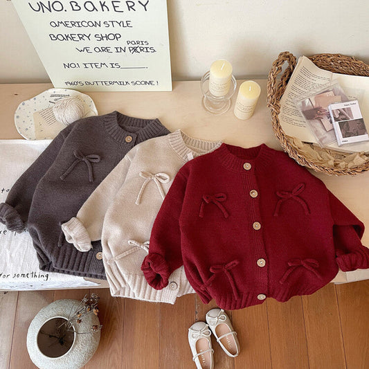 MyKids-USA® Baby Kids Girls Comfortable Butterfly-bows Decorated Knitted Long Sleeves Cardigan