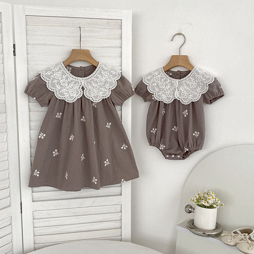 MyKids-USA® Girls Simple Flowers Embroidery Pattern Short Sleeves bodysuit or Girls’ Dress – Princess Sister Matching