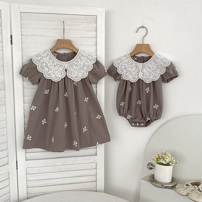 MyKids-USA® Girls Simple Flowers Embroidery Pattern Short Sleeves bodysuit or Girls’ Dress – Princess Sister Matching